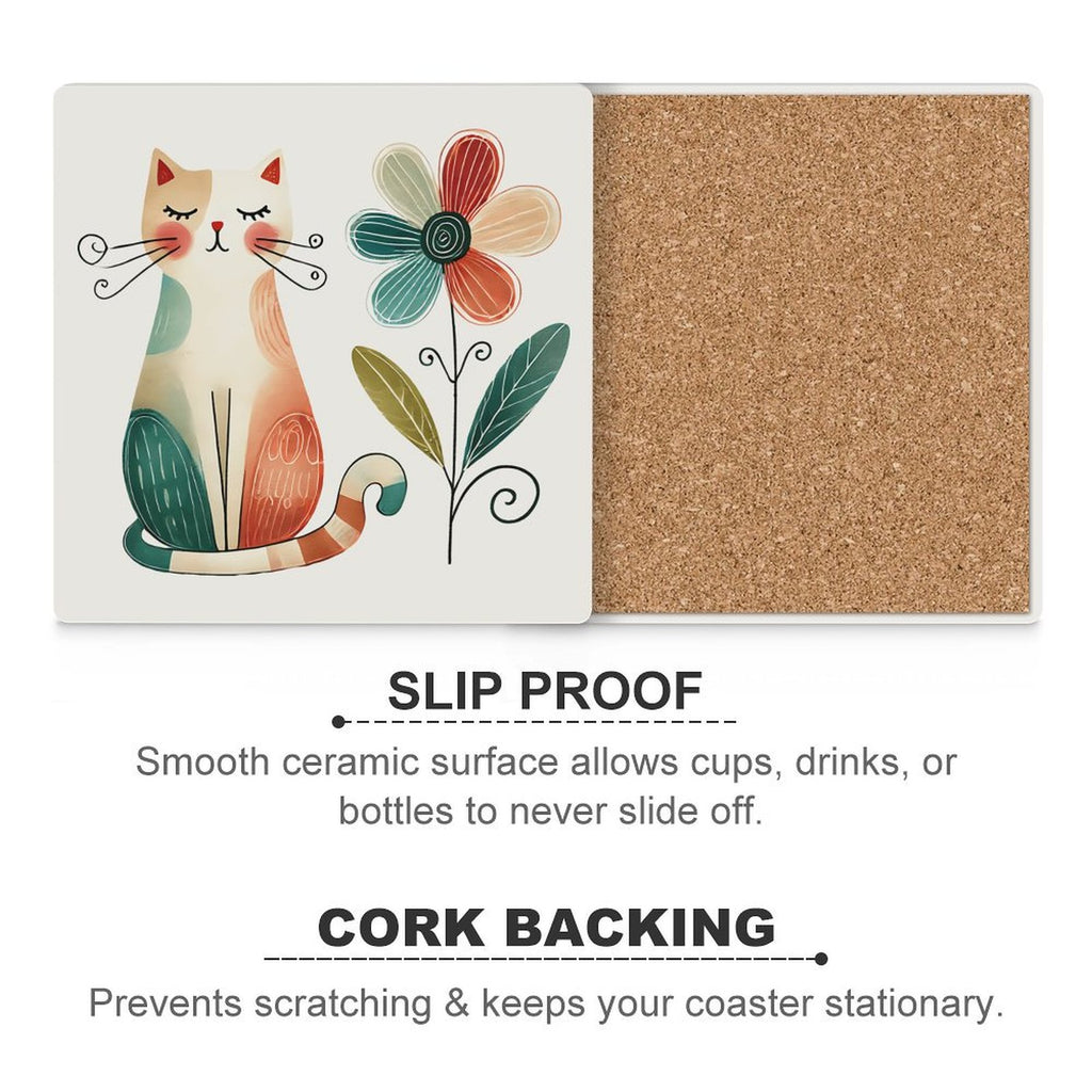 Cat And Flower - Ceramic Coasters (Square) Ceramic Coasters animal Printed Offshore