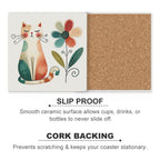Cat And Flower - Ceramic Coasters (Square) Ceramic Coasters animal Printed Offshore