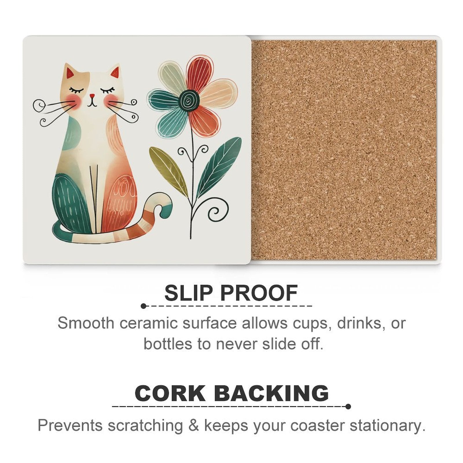 Cat And Flower - Ceramic Coasters (Square) Ceramic Coasters animal Printed Offshore