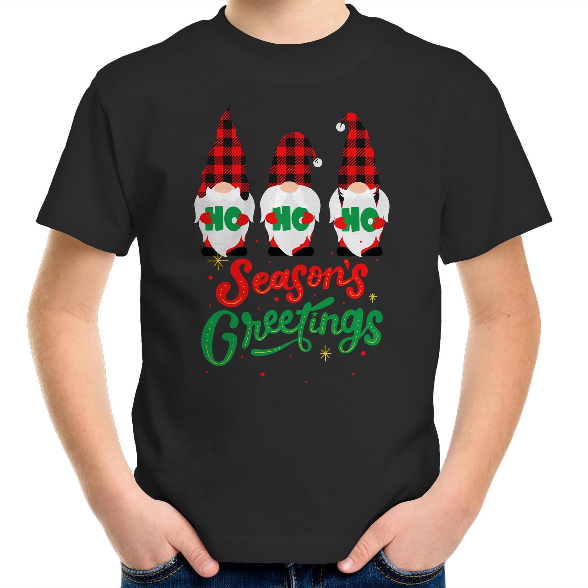 Christmas Gnomes Seasons Greetings - Kids Youth T-Shirt Black Kids Christmas T-shirt Christmas Printed In Australia