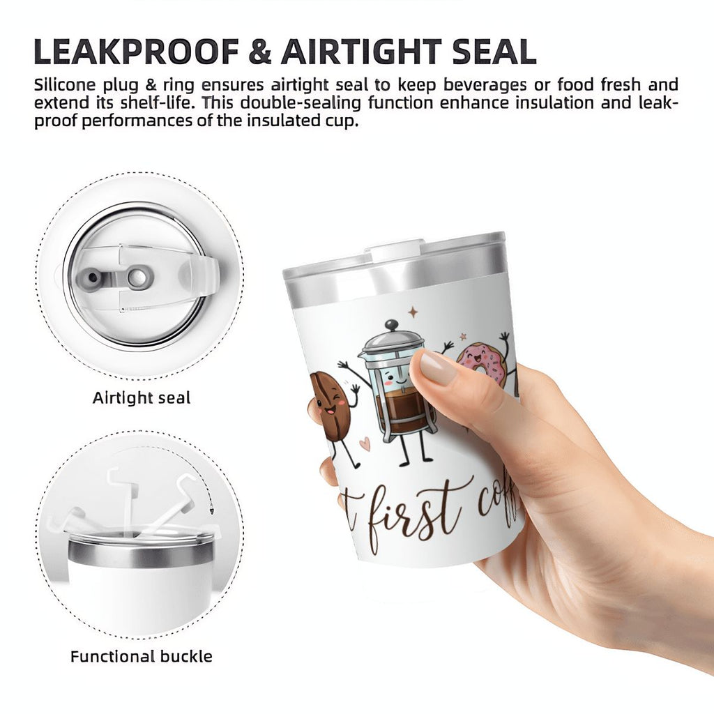 But First Coffee, Cute Characters Small Stainless Steel Travel Mug Cup 12oz/350ml