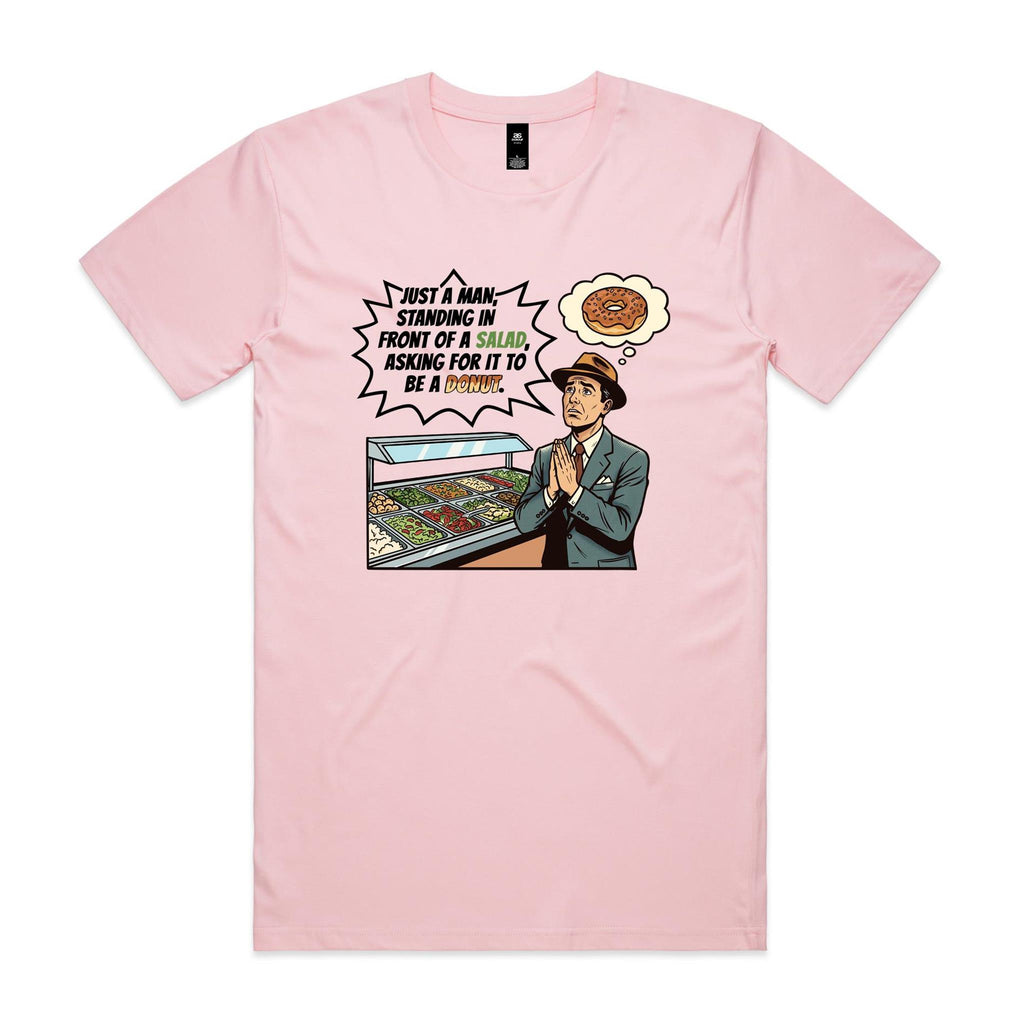 Just A Man Standing In Front Of A Salad Men's AS Colour T-shirt Pink Mens T-shirt Food Printed In Australia