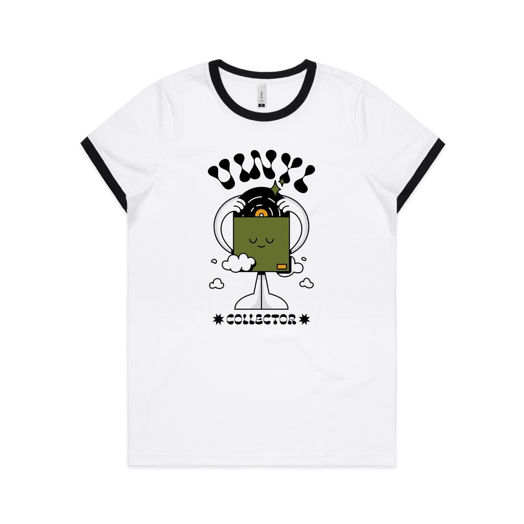 Vinyl Collector, Records - Women's Ringer Tee White Black Womens Ringer T-shirt Music Printed In Australia Retro