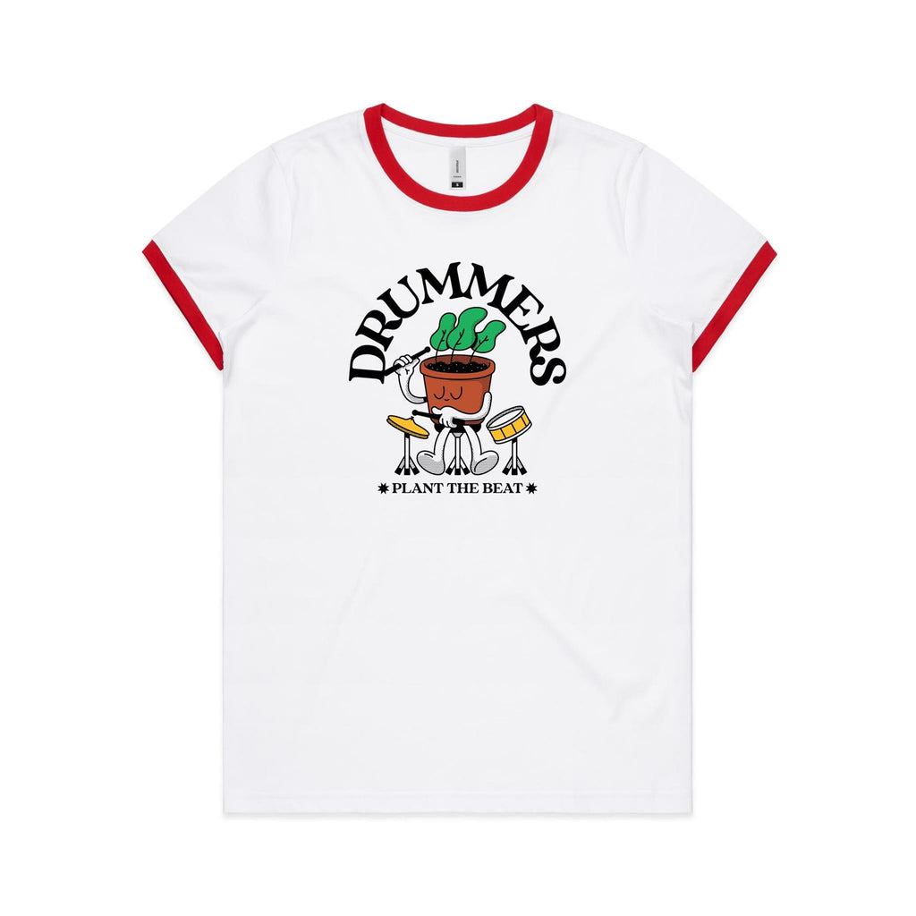 Drummers Plant The Beat - Women's Ringer Tee White Red Womens Ringer T-shirt Music Printed In Australia