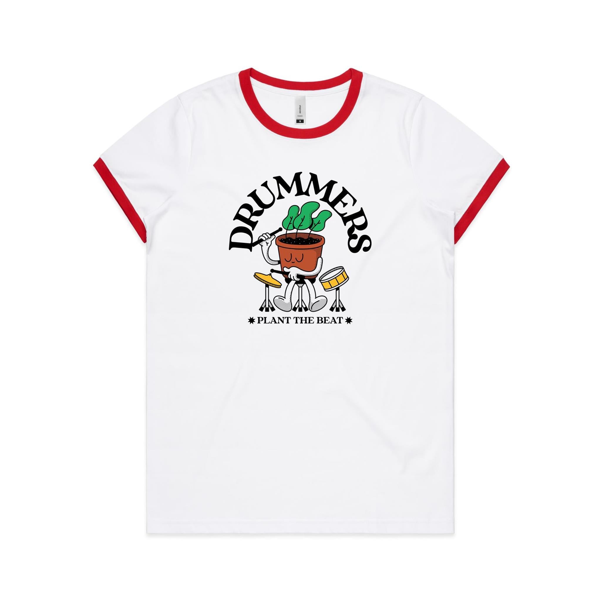 Drummers Plant The Beat - Women's Ringer Tee White Red Womens Ringer T-shirt Music Printed In Australia