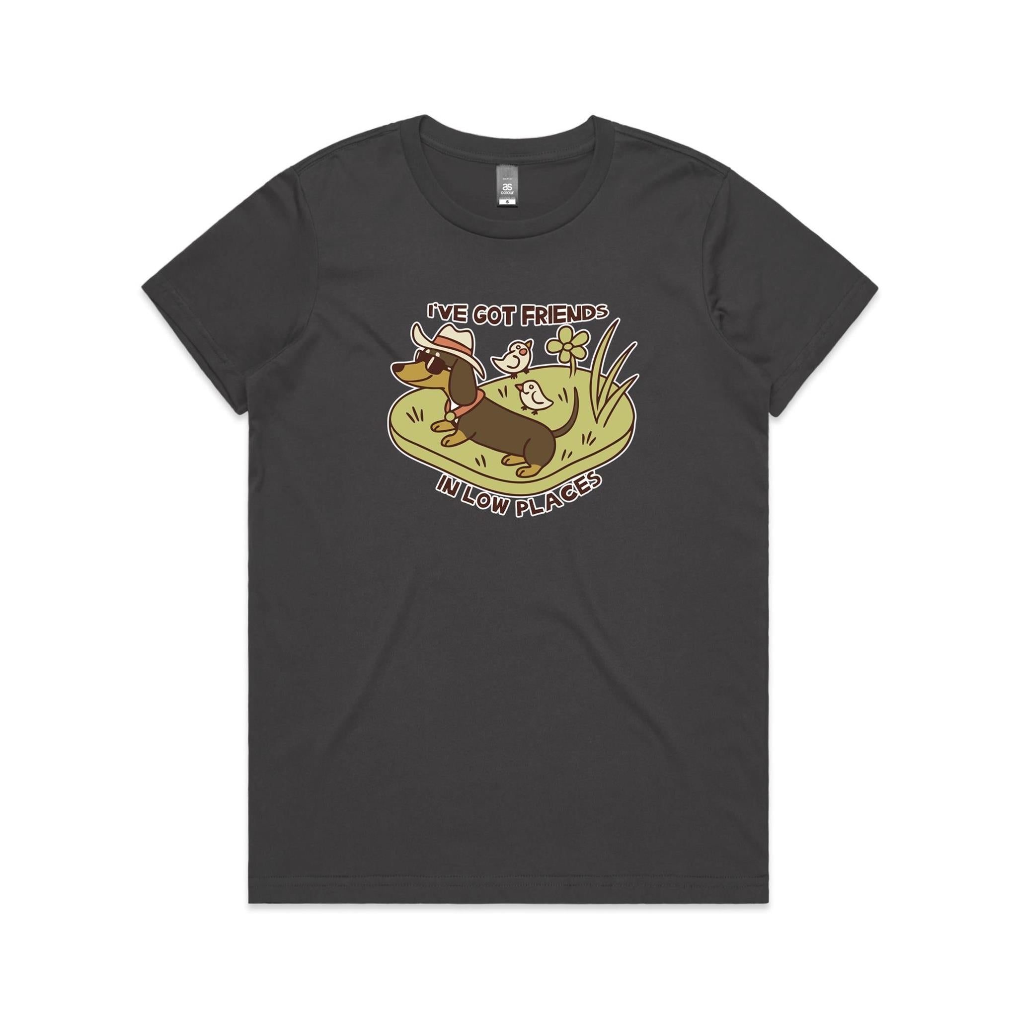 Dachshund, I've Got Friends In Low Places Women's AS Colour T-shirt Charcoal Womens T-shirt animal Printed In Australia