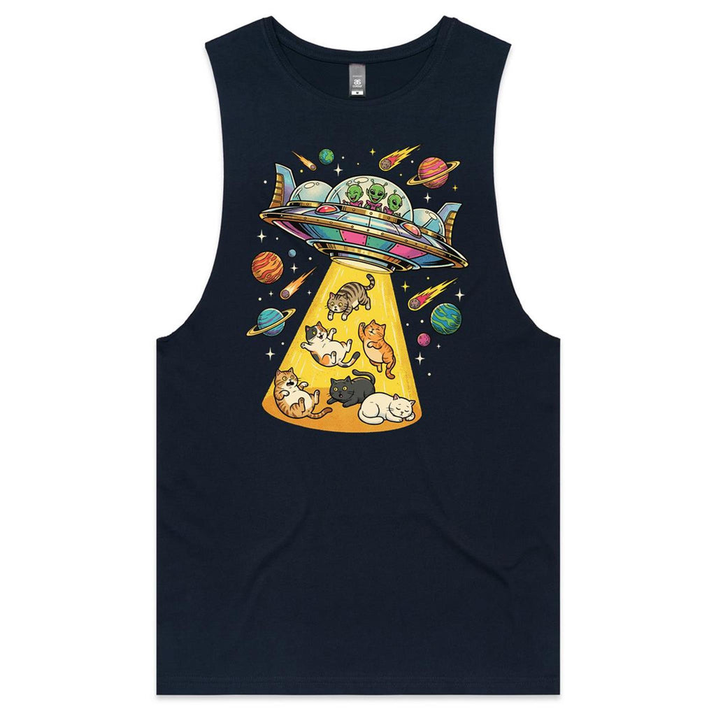 UFO Cat Abduction Mens Men's AS Colour Drop Arm Tank Top Navy Drop Arm Tank Top animal Printed In Australia Sci Fi