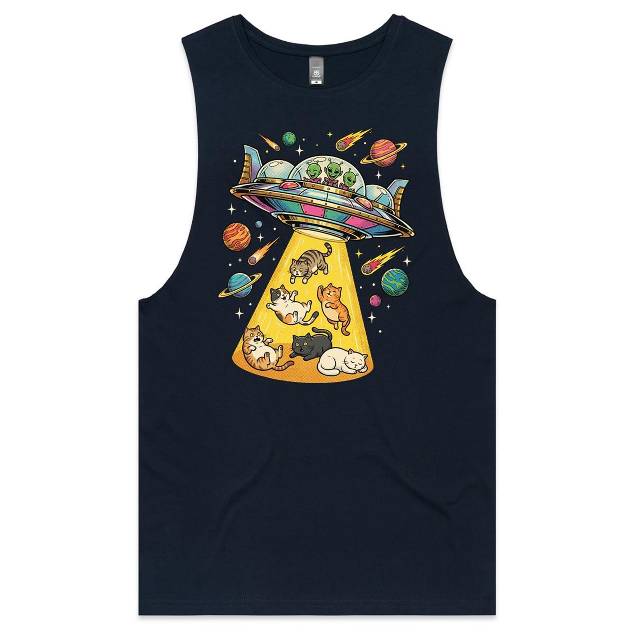 UFO Cat Abduction Mens Men's AS Colour Drop Arm Tank Top Navy Drop Arm Tank Top animal Printed In Australia Sci Fi