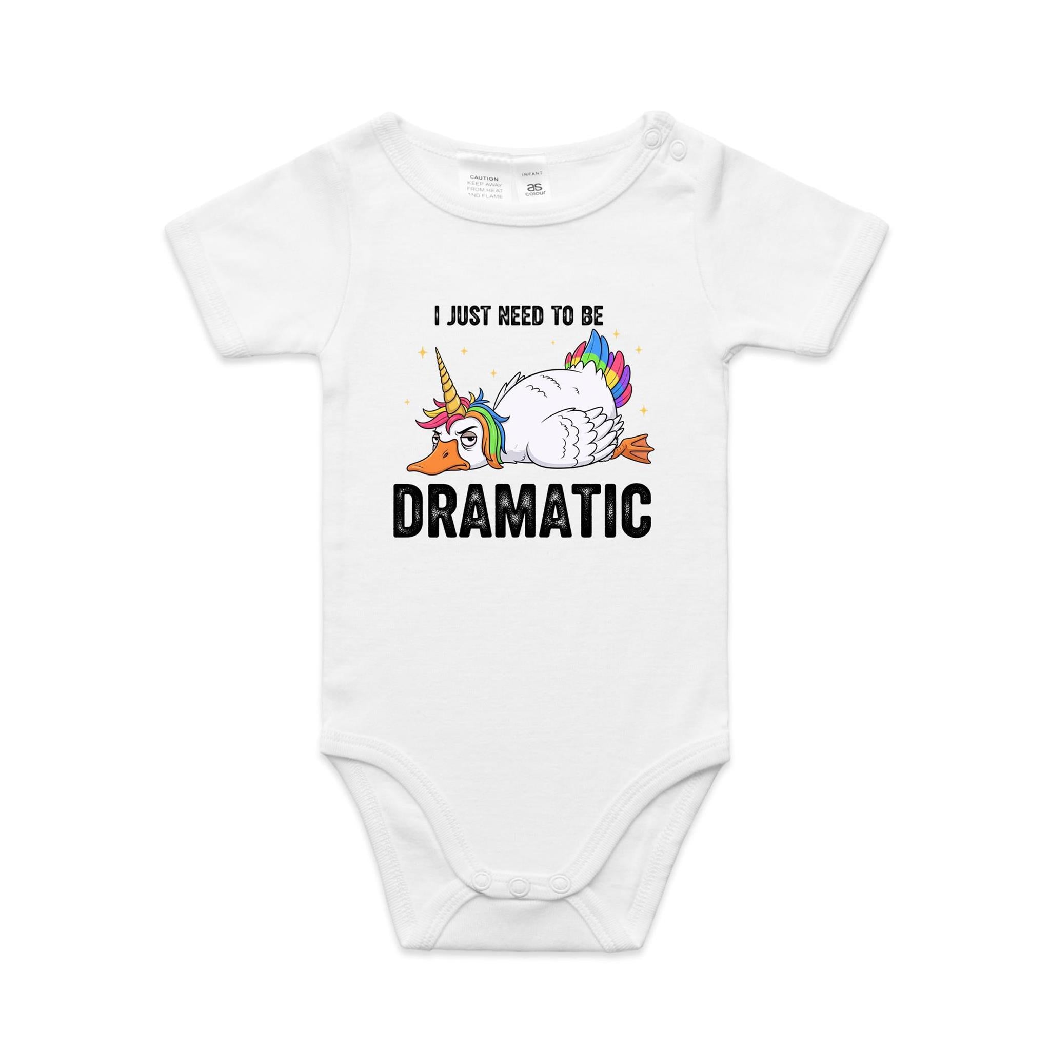 Dramatic Unicorn Goose AS Colour Baby Bodysuit White Baby Bodysuit animal Printed In Australia