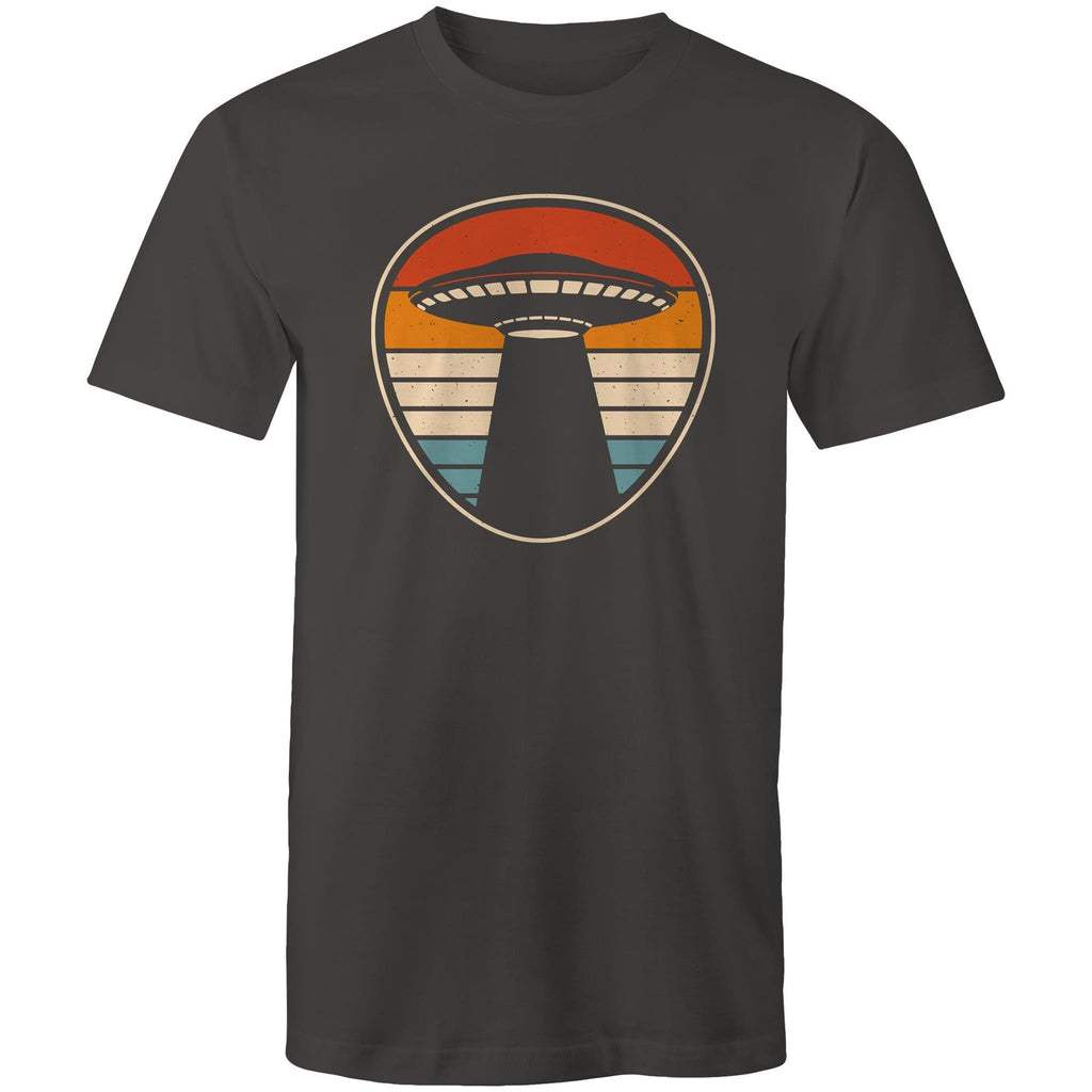 UFO, Retro Stipes - Mens T-Shirt Charcoal Mens T-shirt Printed In Australia