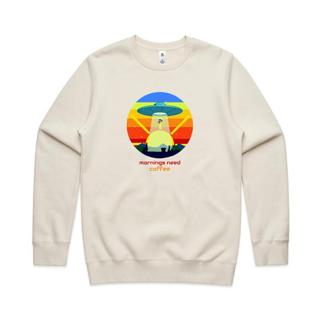 Mornings Need Coffee, UFO - AS Colour Stencil Crew Ecru Sweatshirt Coffee Printed In Australia Sci Fi