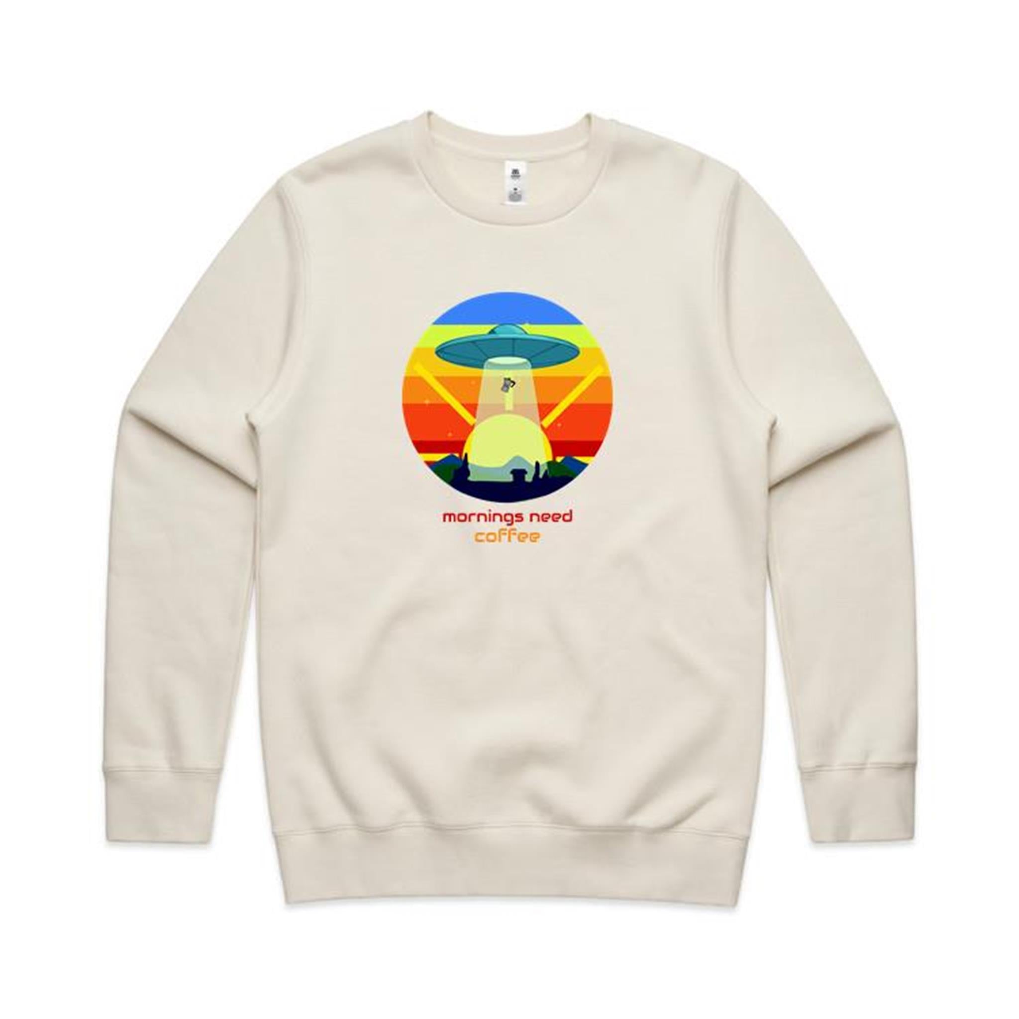 Mornings Need Coffee, UFO - AS Colour Stencil Crew Ecru Sweatshirt Coffee Printed In Australia Sci Fi