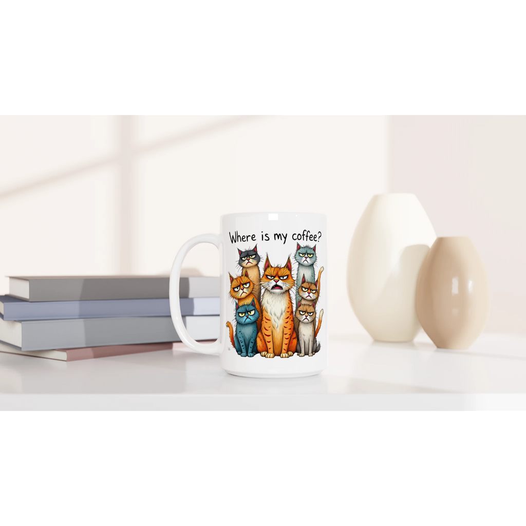 Where Is My Coffee, Cranky Cats - White 15oz Ceramic Mug 15oz Mug animal Coffee Globally Fulfilled