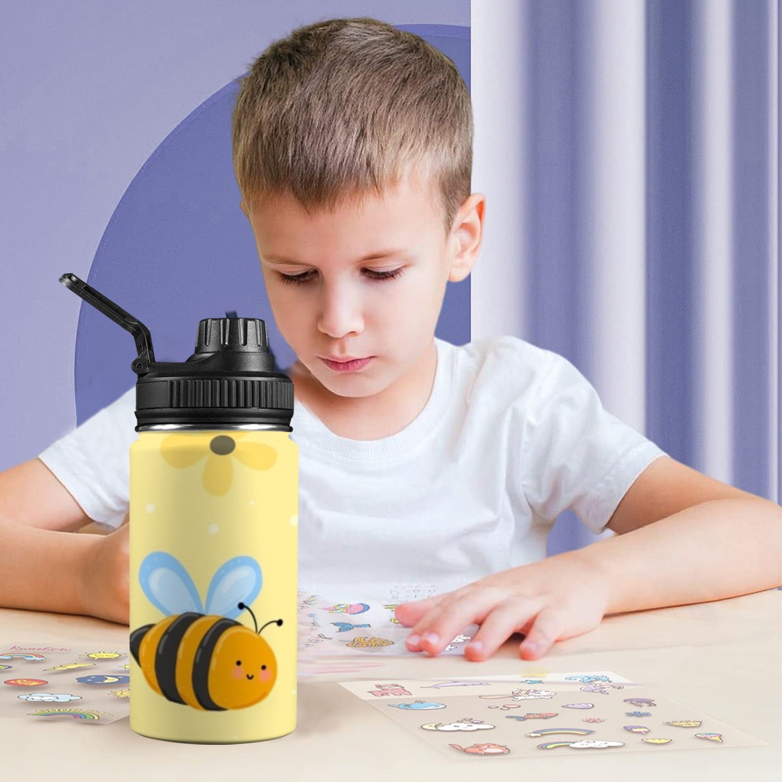 Bright Bees - Kids Water Bottle with Chug Lid (12 oz) Kids Water Bottle with Chug Lid animal Printed Offshore