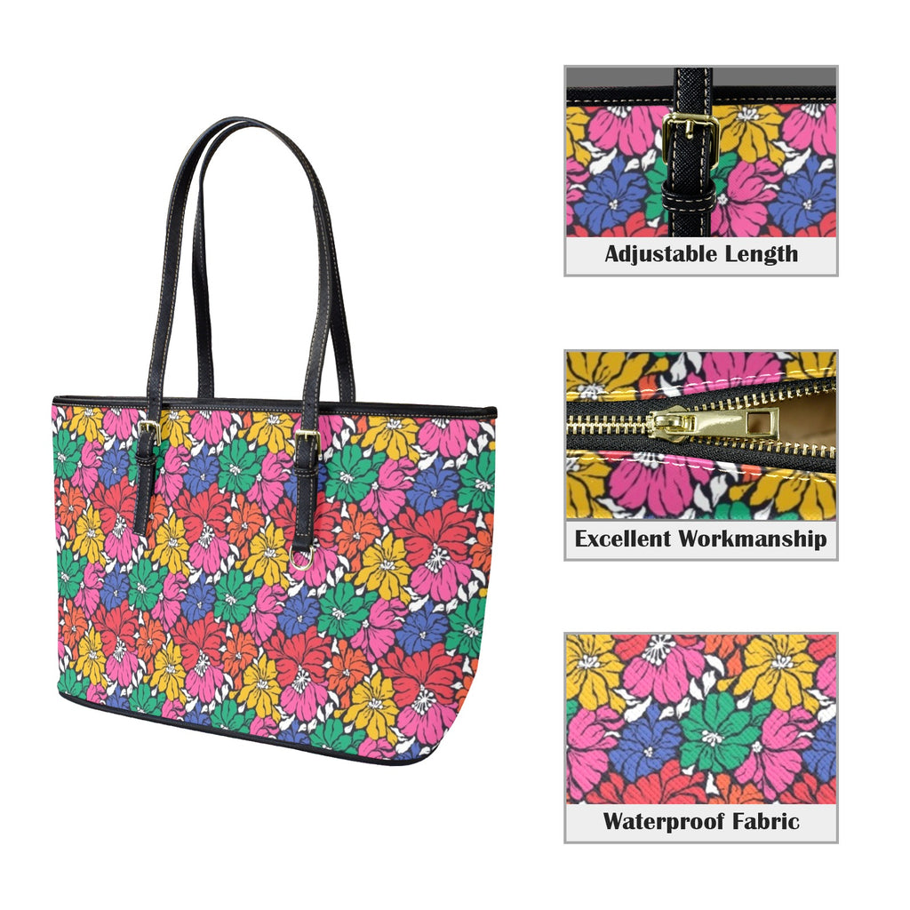 Bright And Bold Flowers PU Leather Tote Bag Large Leather Tote Bag-Large Plants Printed Offshore