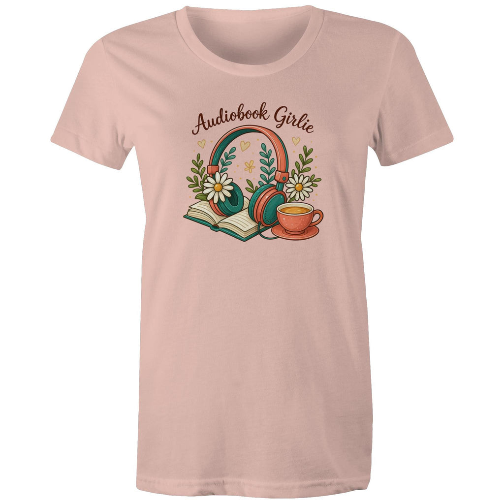 Audiobook Girlie - Womens T-shirt Pale Pink Womens T-shirt Printed In Australia Reading