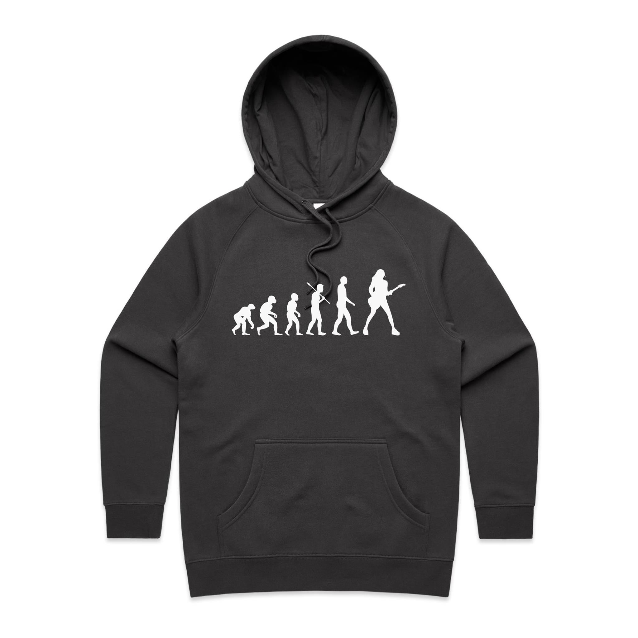 Guitarist Evolution - Womens Hoodie Coal Womens Hoodie Music Printed In Australia