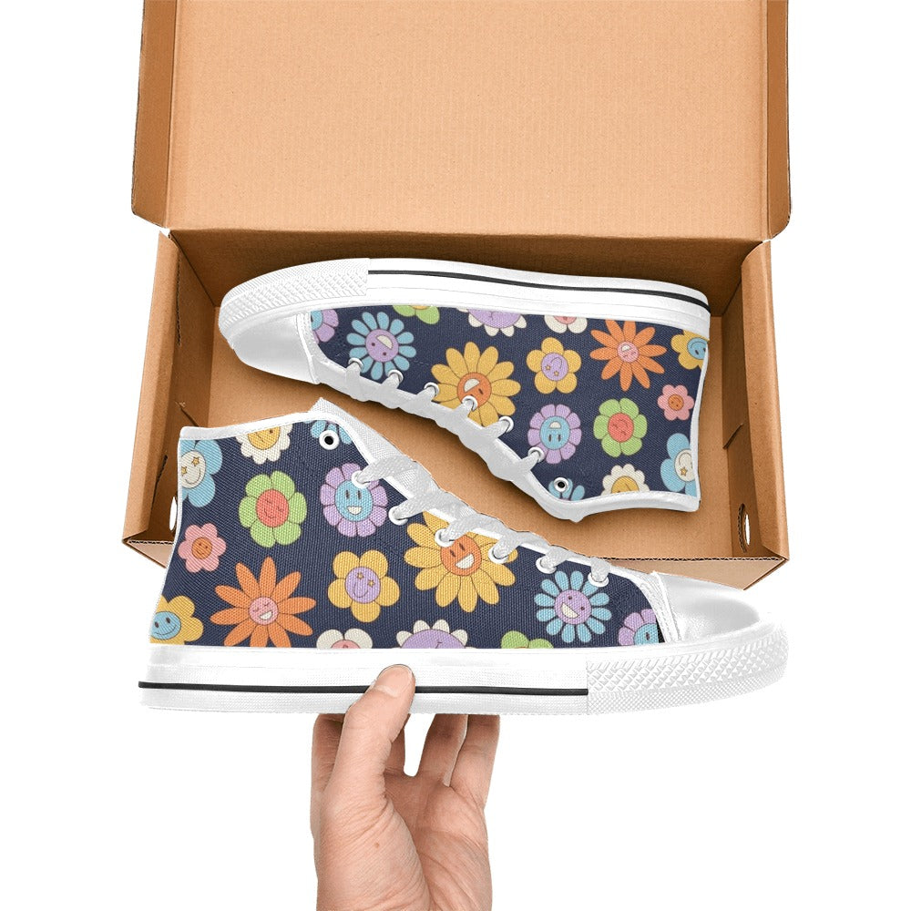 Groovy Flowers Men's High Top Canvas Shoes Men's Classic High Top Canvas Shoes Plants Printed Offshore Retro