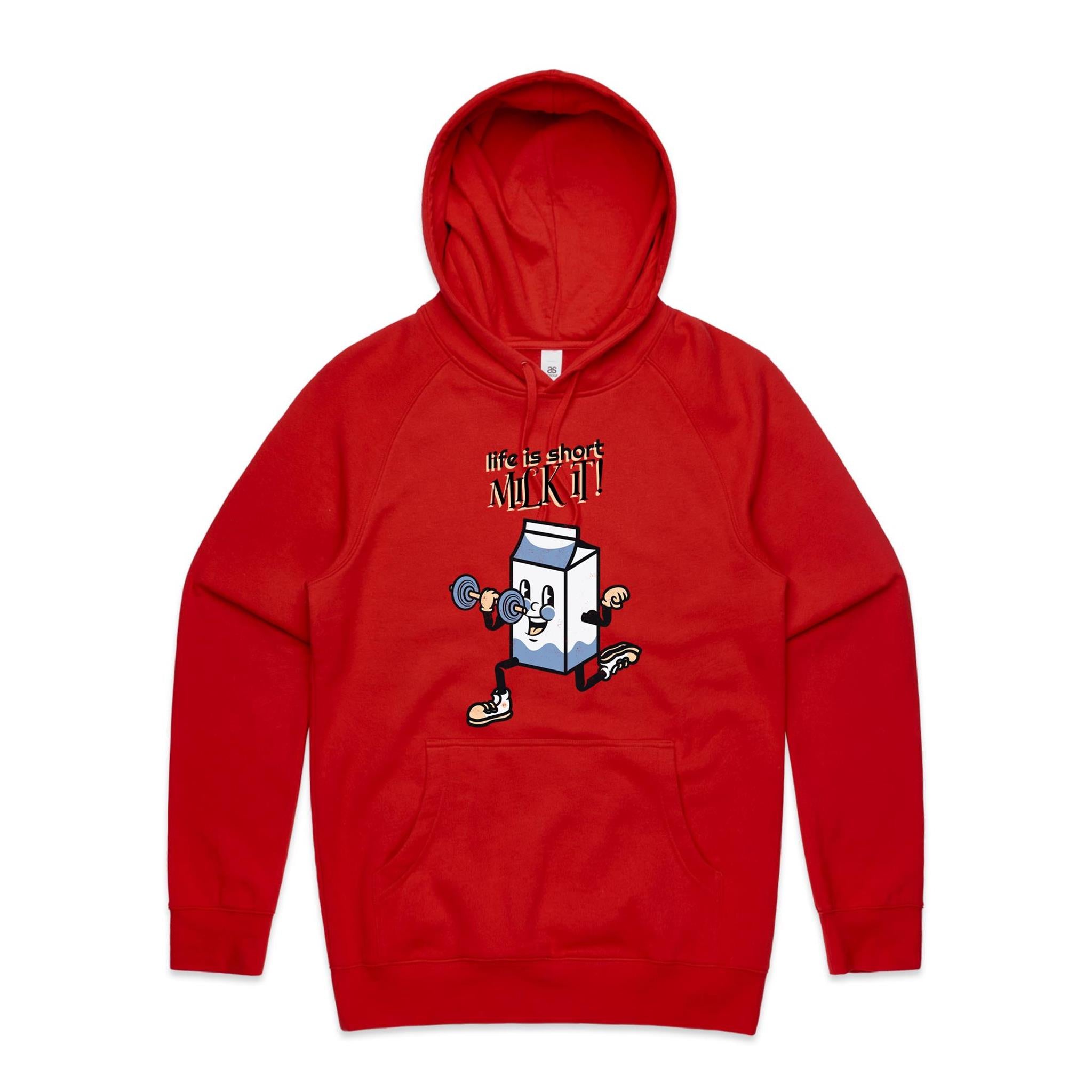 Life Is Short, Milk It - Mens Hoodie Red Mens Hoodie Fitness Printed In Australia