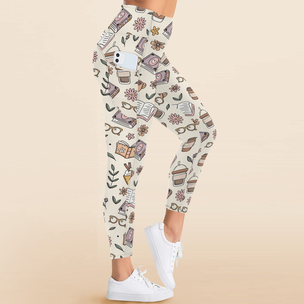 Books And Coffee - Women's High Waist Pockets Yoga Leggings