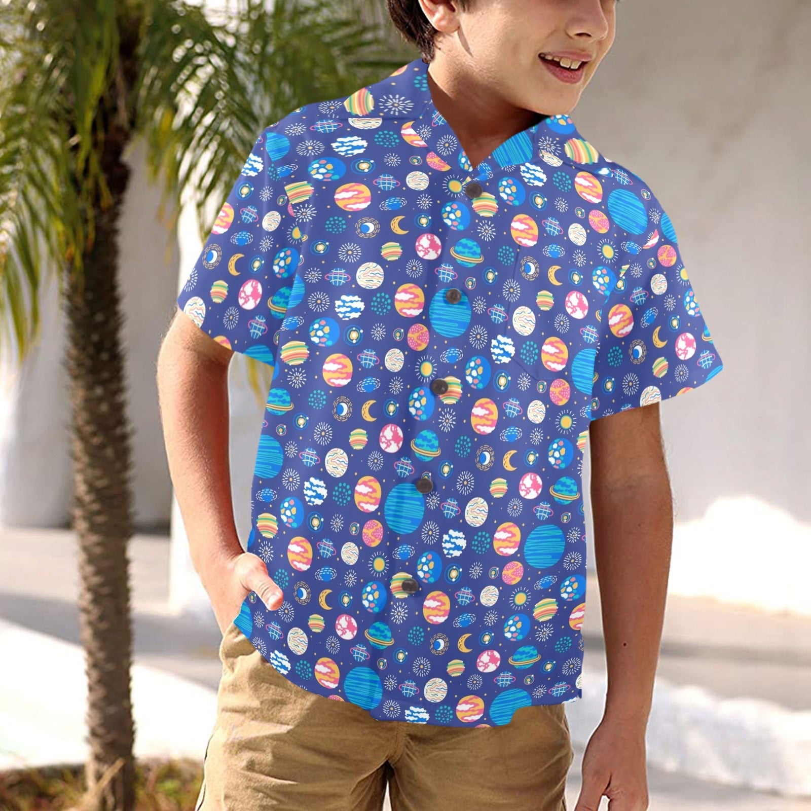 Planets On Blue Junior Kids Hawaiian Shirt