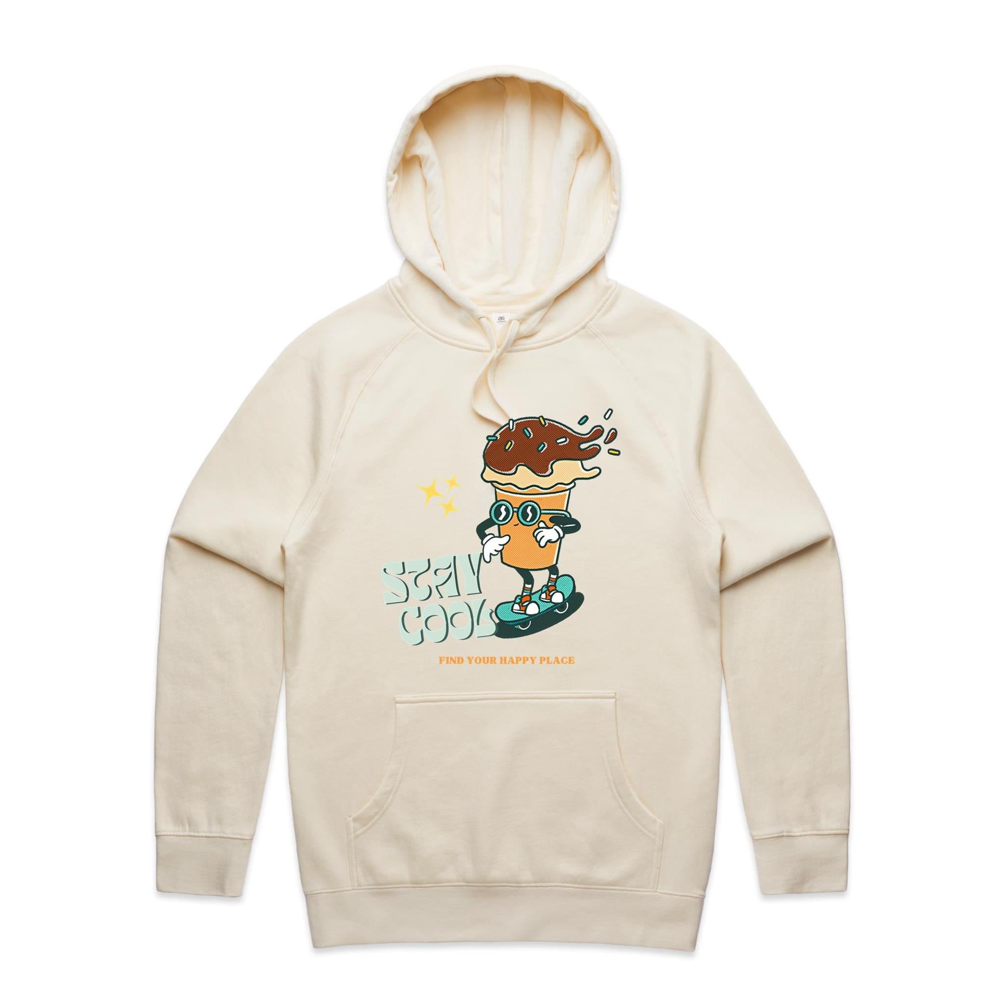 Stay Cool - Mens Hoodie Ecru Mens Hoodie Printed In Australia Summer
