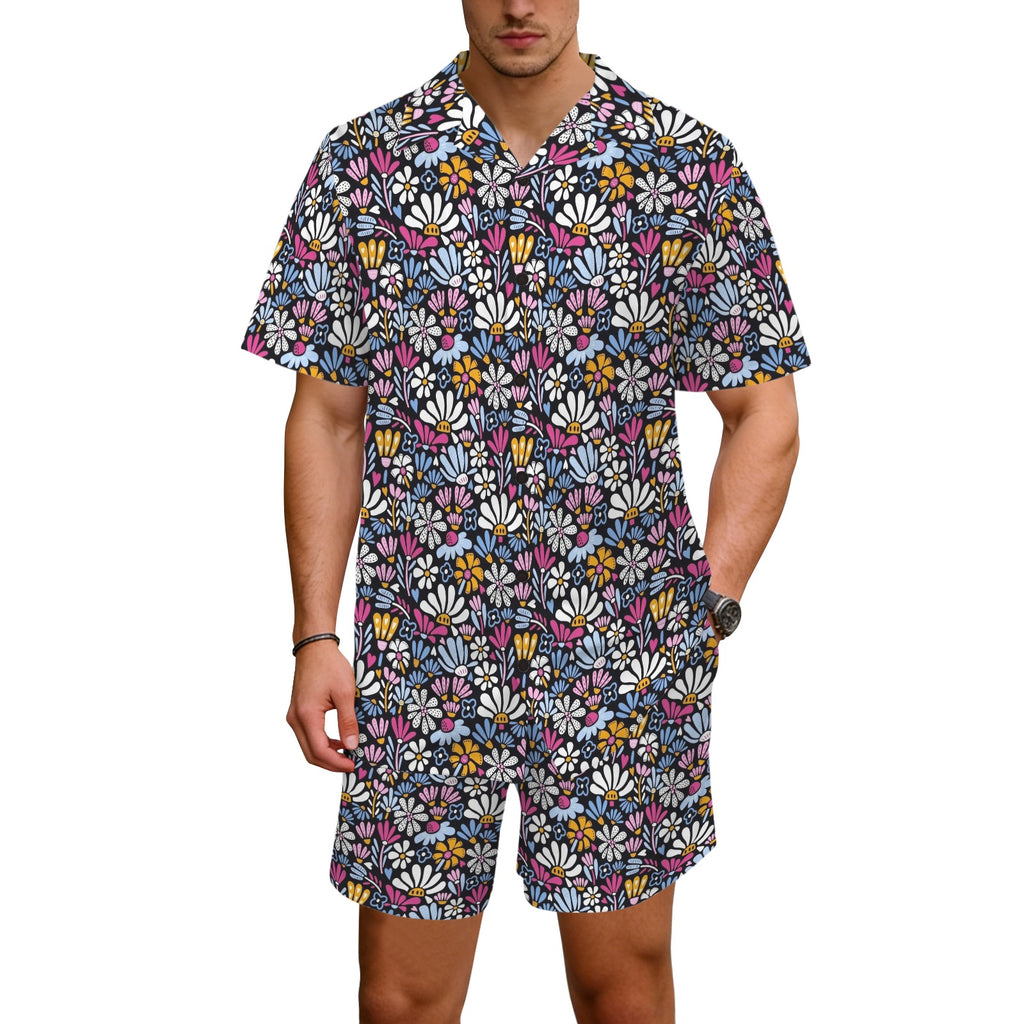Graphic Flowers On Black Men's Hawaiian Shirt & Shorts Set Men's Hawaiian Shirt & Shorts Set Plants Printed Offshore
