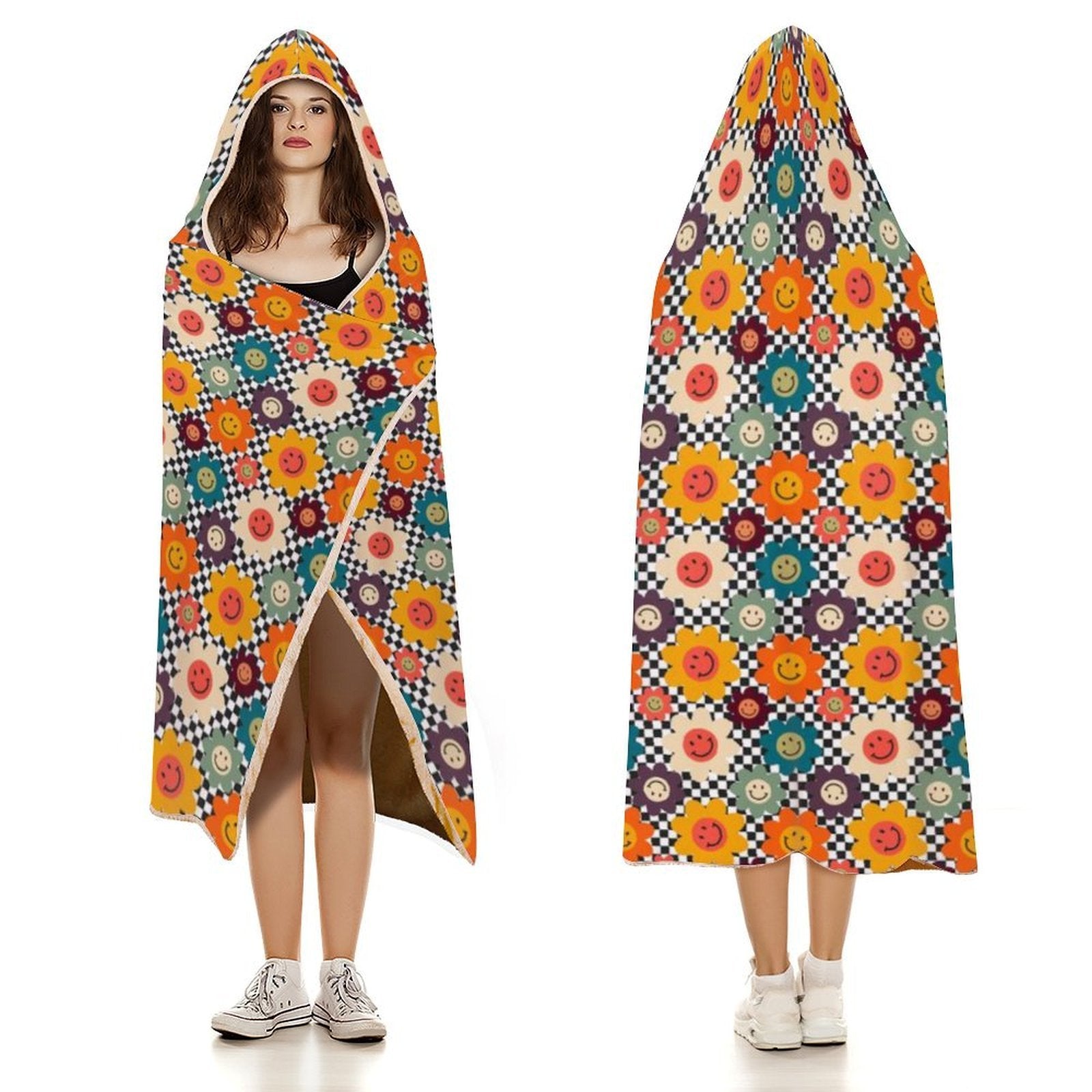 Happy Retro Flowers Kids Hooded Blanket 100cm x 130cm Kids Hooded Blanket Printed Offshore Retro