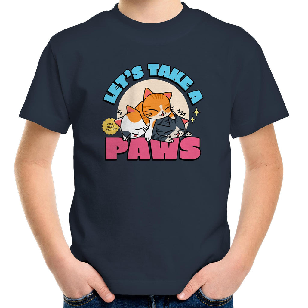 Let's Take A Paws, Cats - Kids Youth T-Shirt Navy Kids Youth T-shirt animal Printed In Australia
