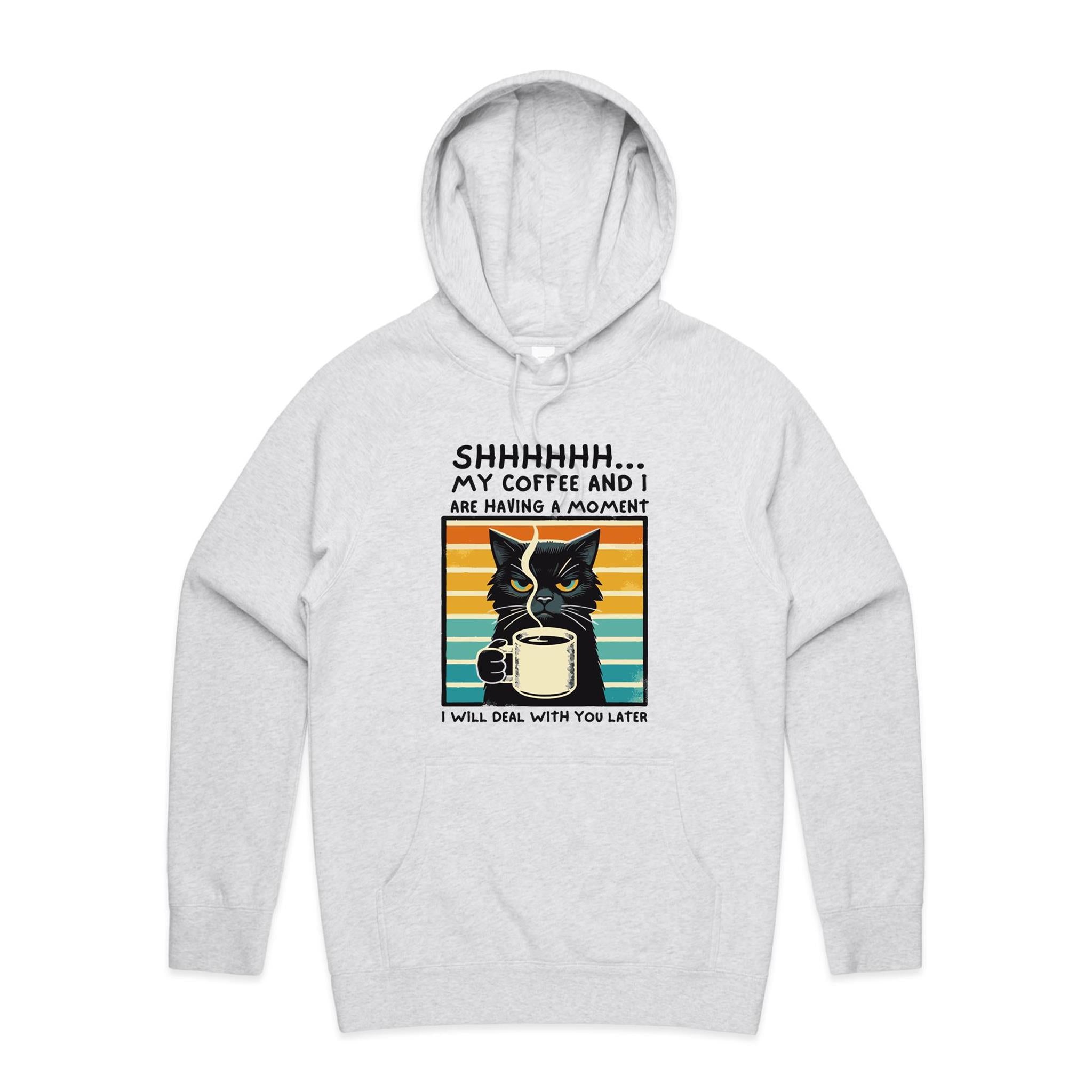Shhh, My Coffee And I Are Having A Moment, Cat - Mens Hoodie White Marle Mens Hoodie animal Coffee Printed In Australia
