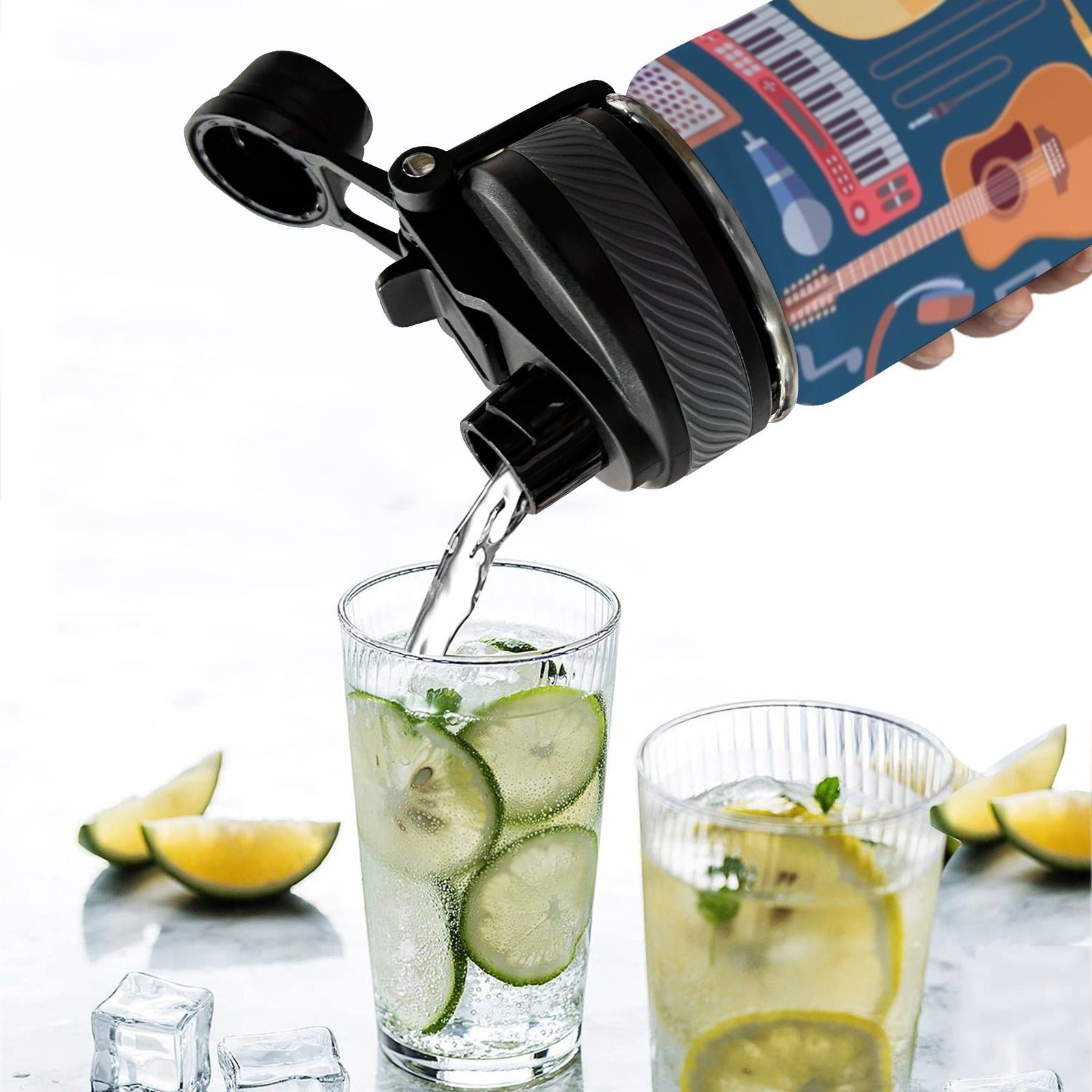 Music Instruments Blue - Insulated Water Bottle with Dual-Use Lid (18oz) Insulated Water Bottle with Dual-Use Lid (18oz) Music Printed Offshore