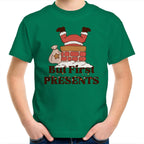 But First Presents, Santa In Chimney - Kids Youth T-Shirt Kelly Green Kids Christmas T-shirt Christmas Printed In Australia
