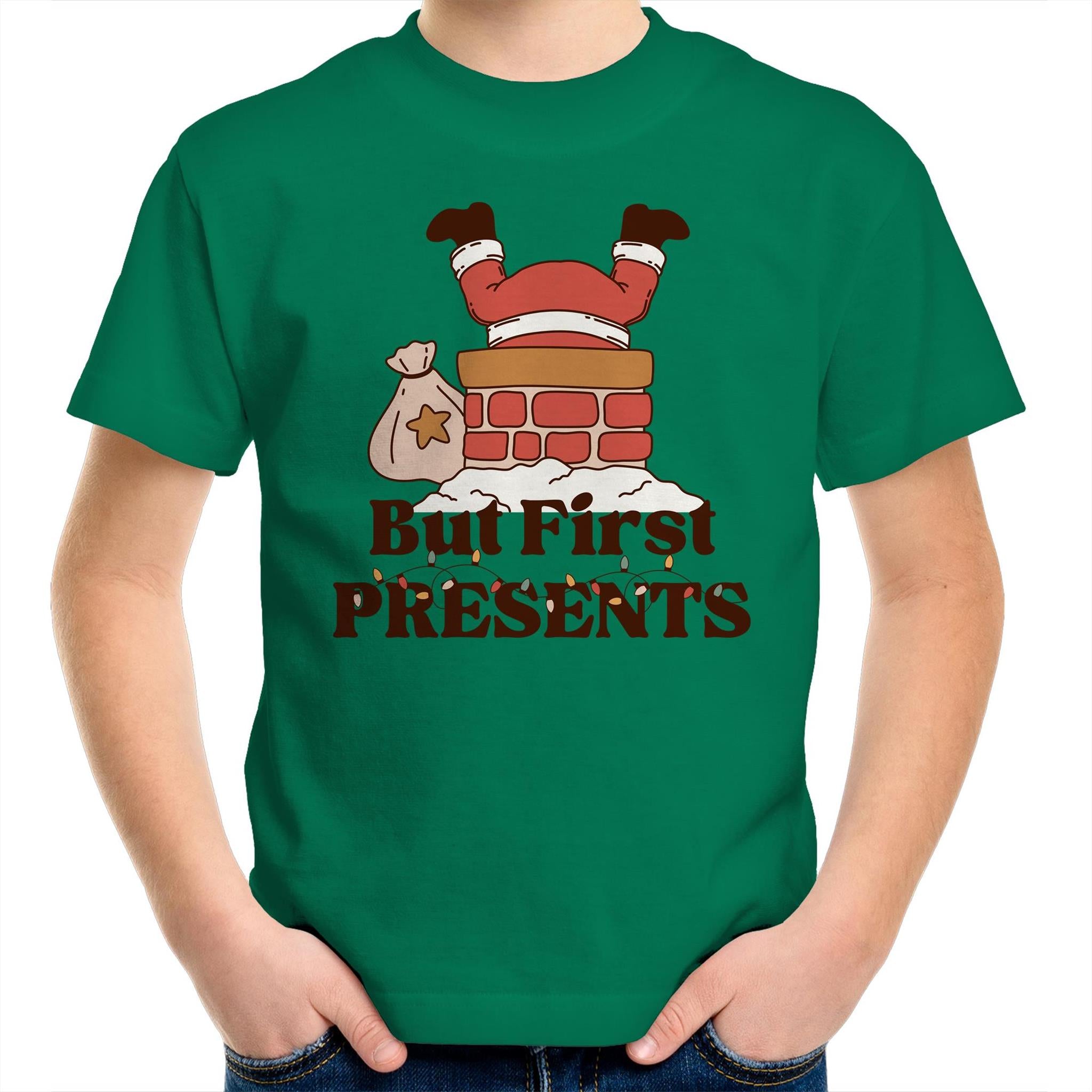 But First Presents, Santa In Chimney - Kids Youth T-Shirt Kelly Green Kids Christmas T-shirt Christmas Printed In Australia