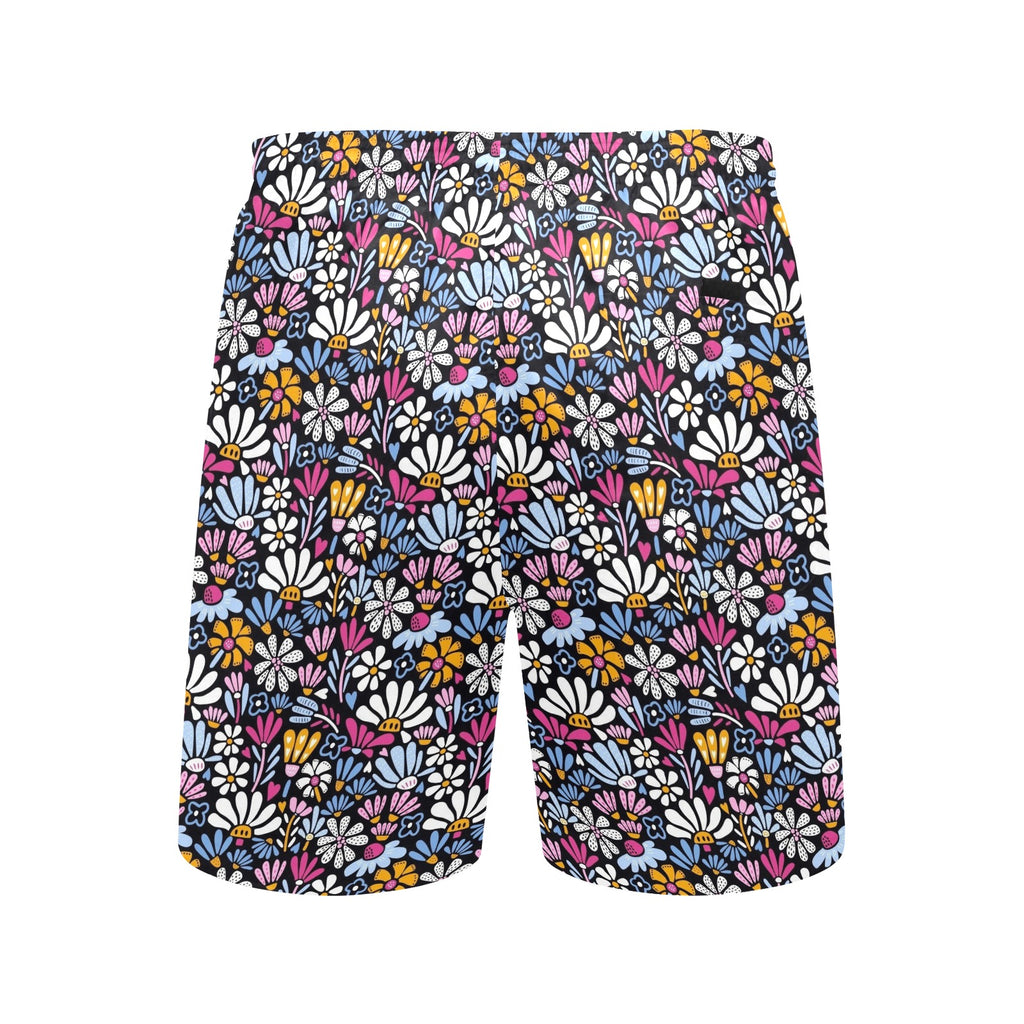 Graphic Flowers On Black Men's Mid-Length Beach Shorts Men's Mid-Length Beach Shorts Plants Printed Offshore