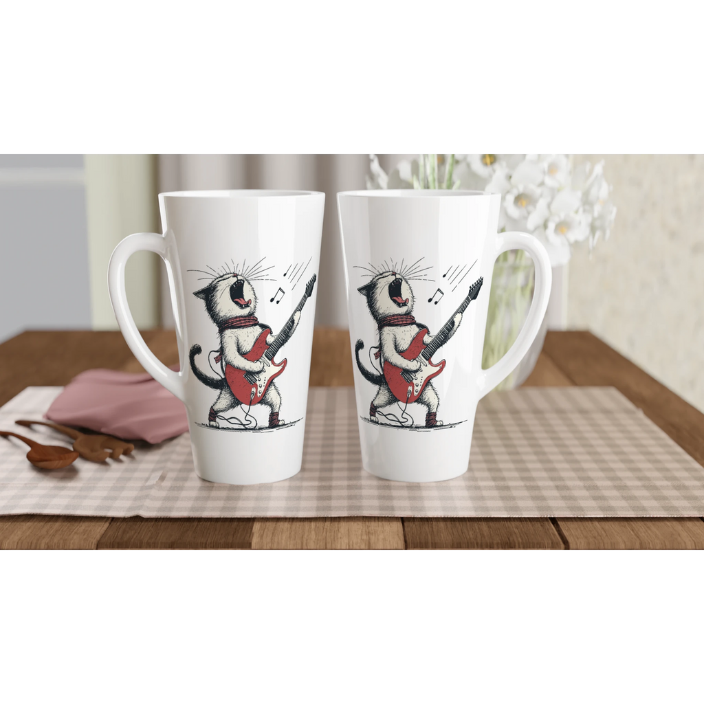 Personalised Cat Playing Guitar White Latte 17oz Ceramic Mug Personalised Latte Mug animal Globally Fulfilled Music