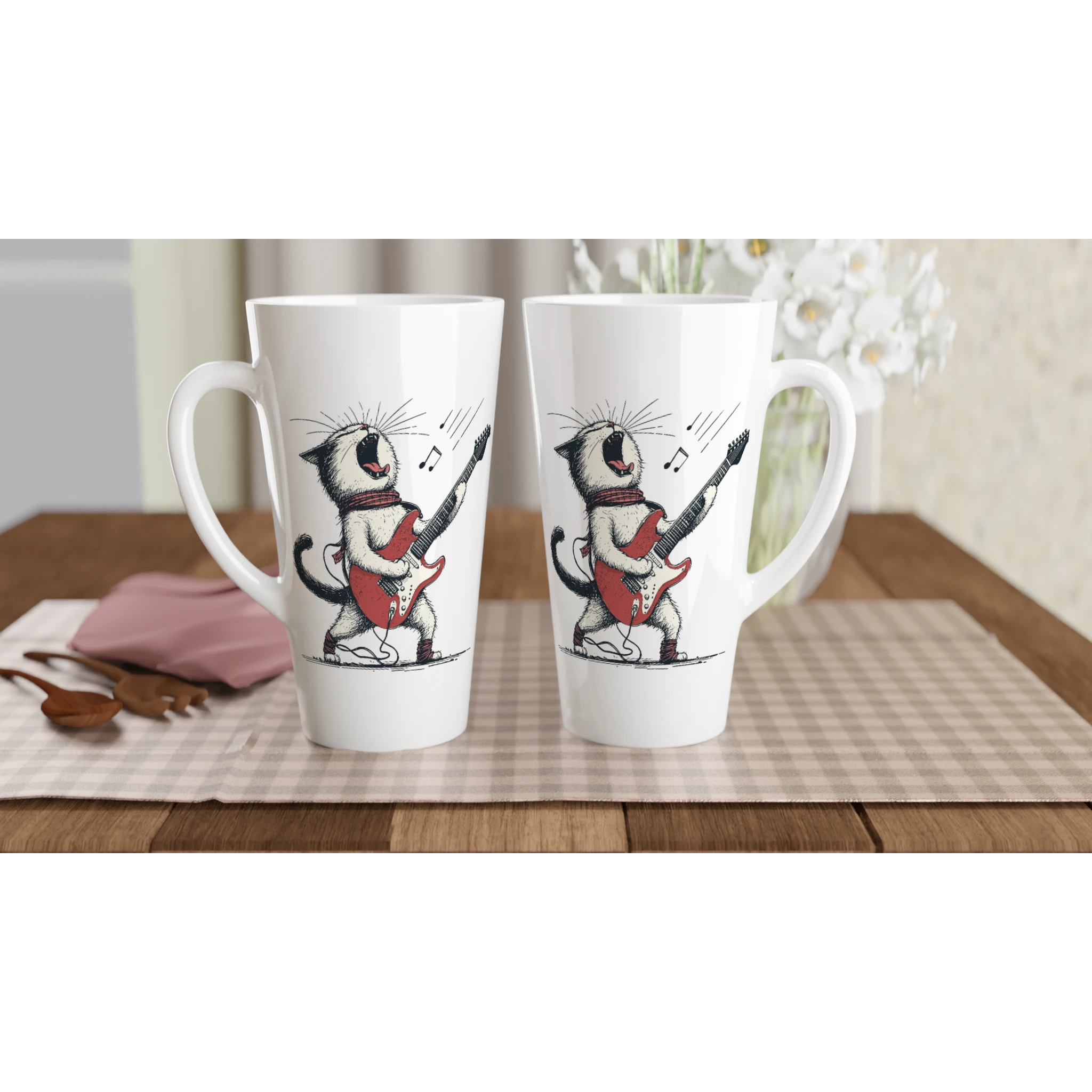 Personalised Cat Playing Guitar White Latte 17oz Ceramic Mug Personalised Latte Mug animal Globally Fulfilled Music