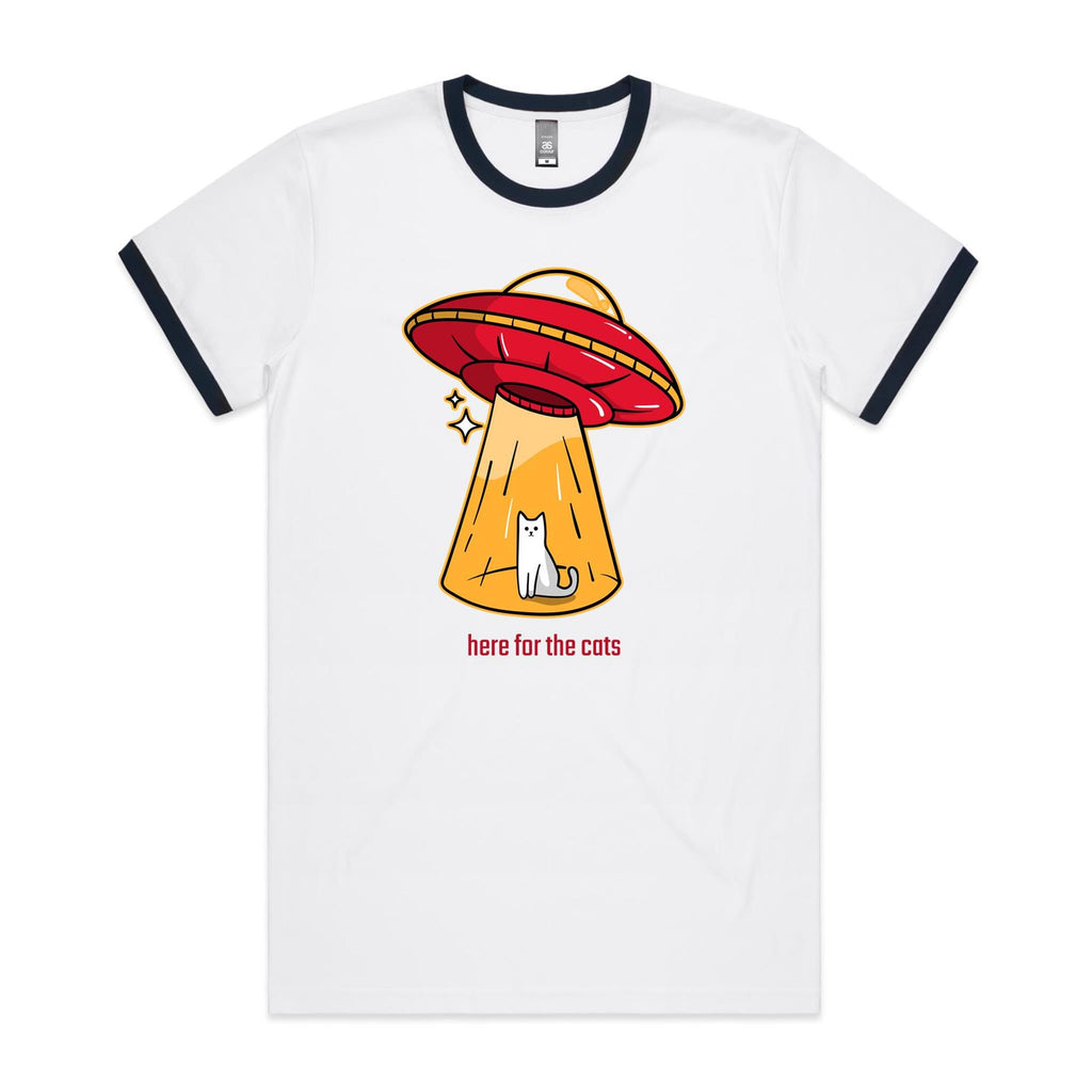 UFO, Here For The Cats - Staple Ringer Tee White Navy Ringer T-Shirt animal Printed In Australia Sci Fi