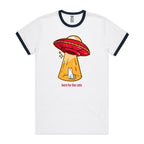 UFO, Here For The Cats - Staple Ringer Tee White Navy Ringer T-Shirt animal Printed In Australia Sci Fi