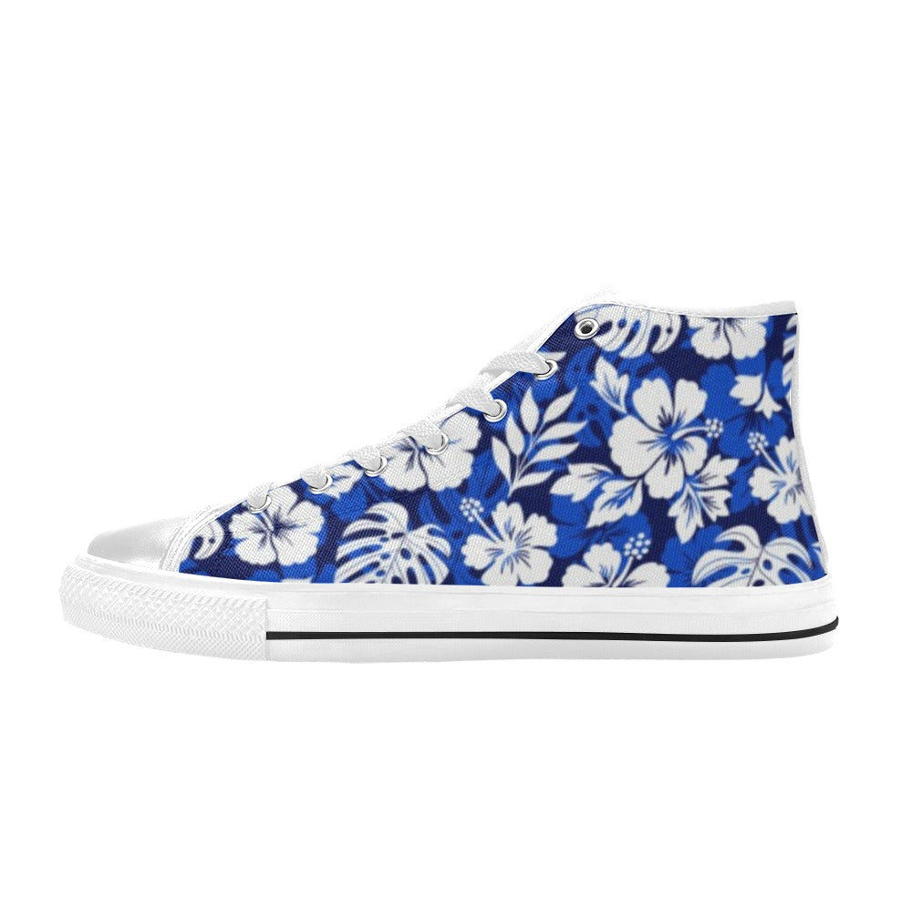 Blue Hawaiian Floral - Women's High Top Canvas Shoes US12 Womens Classic High Top Shoes Plants Printed Offshore