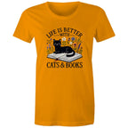 Life Is Better With Cats And Books - Womens T-shirt Orange Womens T-shirt animal Printed In Australia Reading