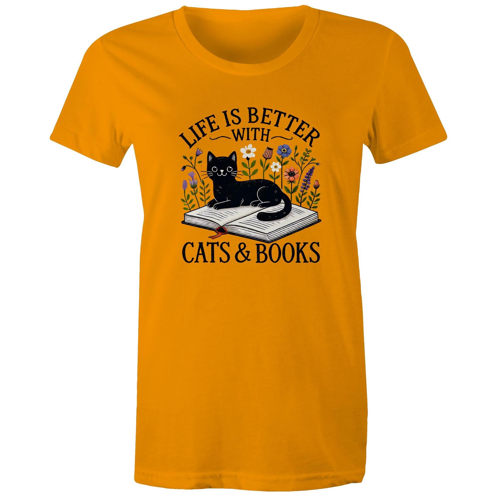 Life Is Better With Cats And Books - Womens T-shirt Orange Womens T-shirt animal Printed In Australia Reading