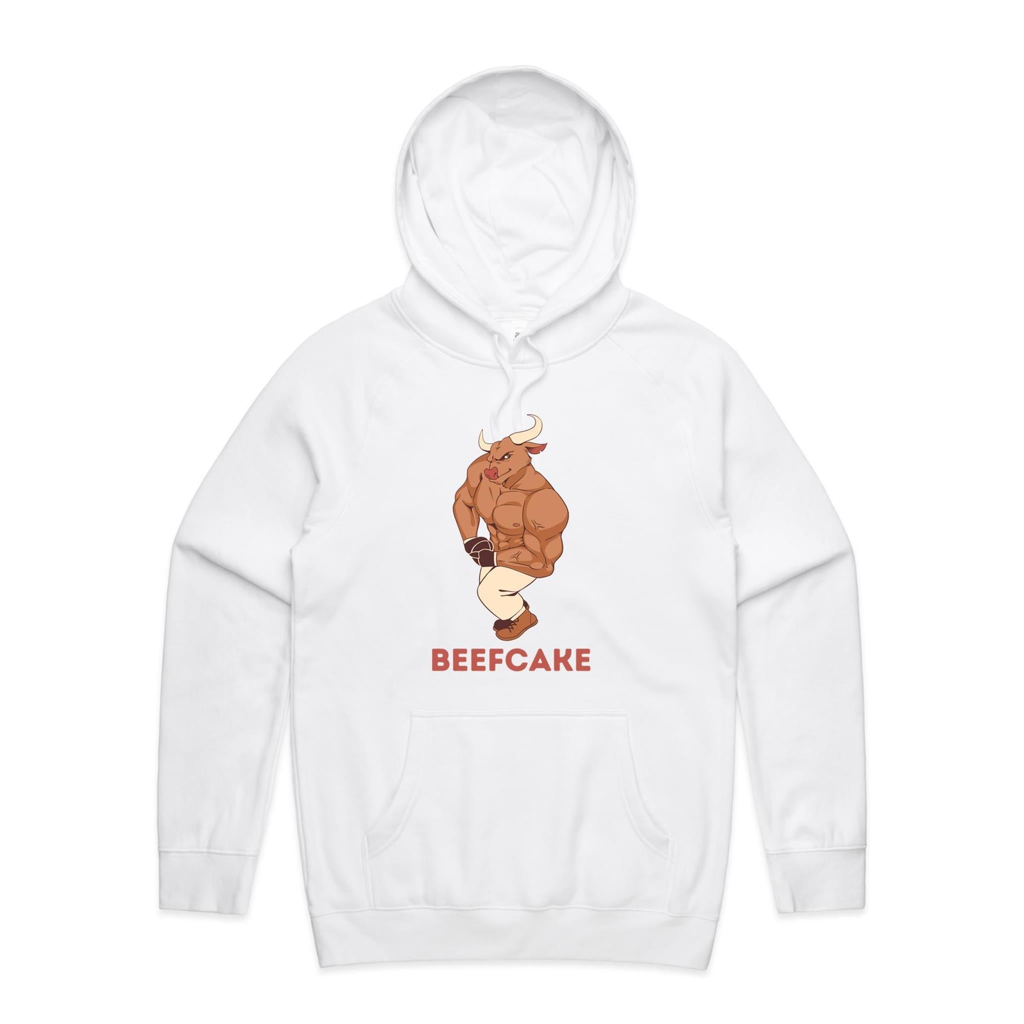 Beefcake, Gym Bull - Mens Hoodie White Mens Hoodie animal Fitness Printed In Australia