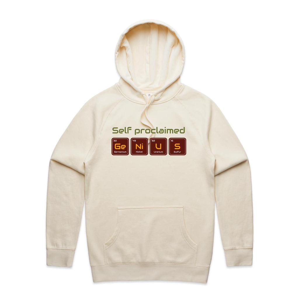 Self Proclaimed Genius - Mens Hoodie Ecru Mens Hoodie Printed In Australia Science