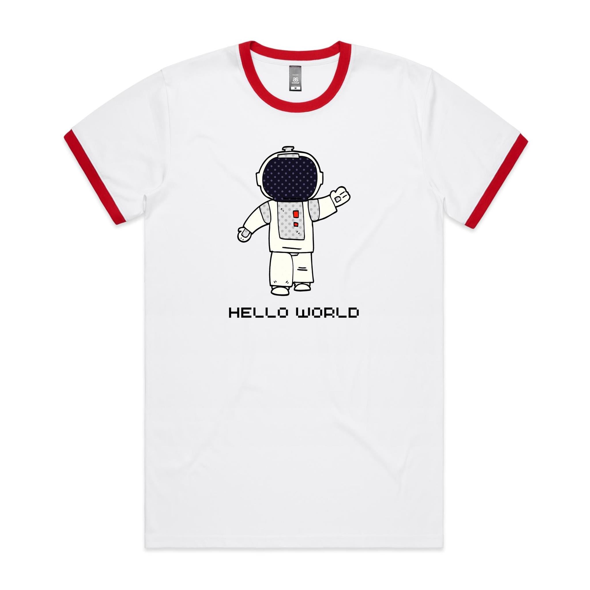 Astronaut, Hello World - Staple Ringer Tee White Red Ringer T-Shirt Printed In Australia Space