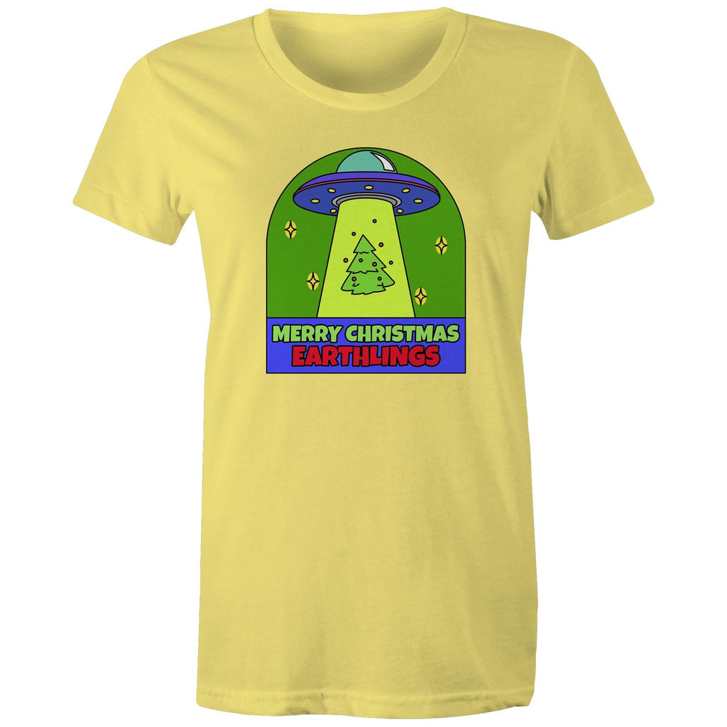 Merry Christmas Earthlings, UFO - Womens T-shirt Yellow Womens Christmas T-shirt Christmas Printed In Australia