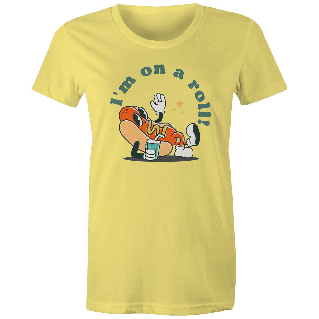Hotdog, I'm On A Roll - Womens T-shirt Yellow Womens T-shirt Food Printed In Australia