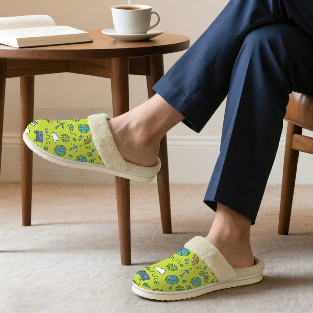 Go Green Men's Fur Trim Thick-Sole Indoor Slippers Men's Fur Trimmed Slippers Environment Printed Offshore