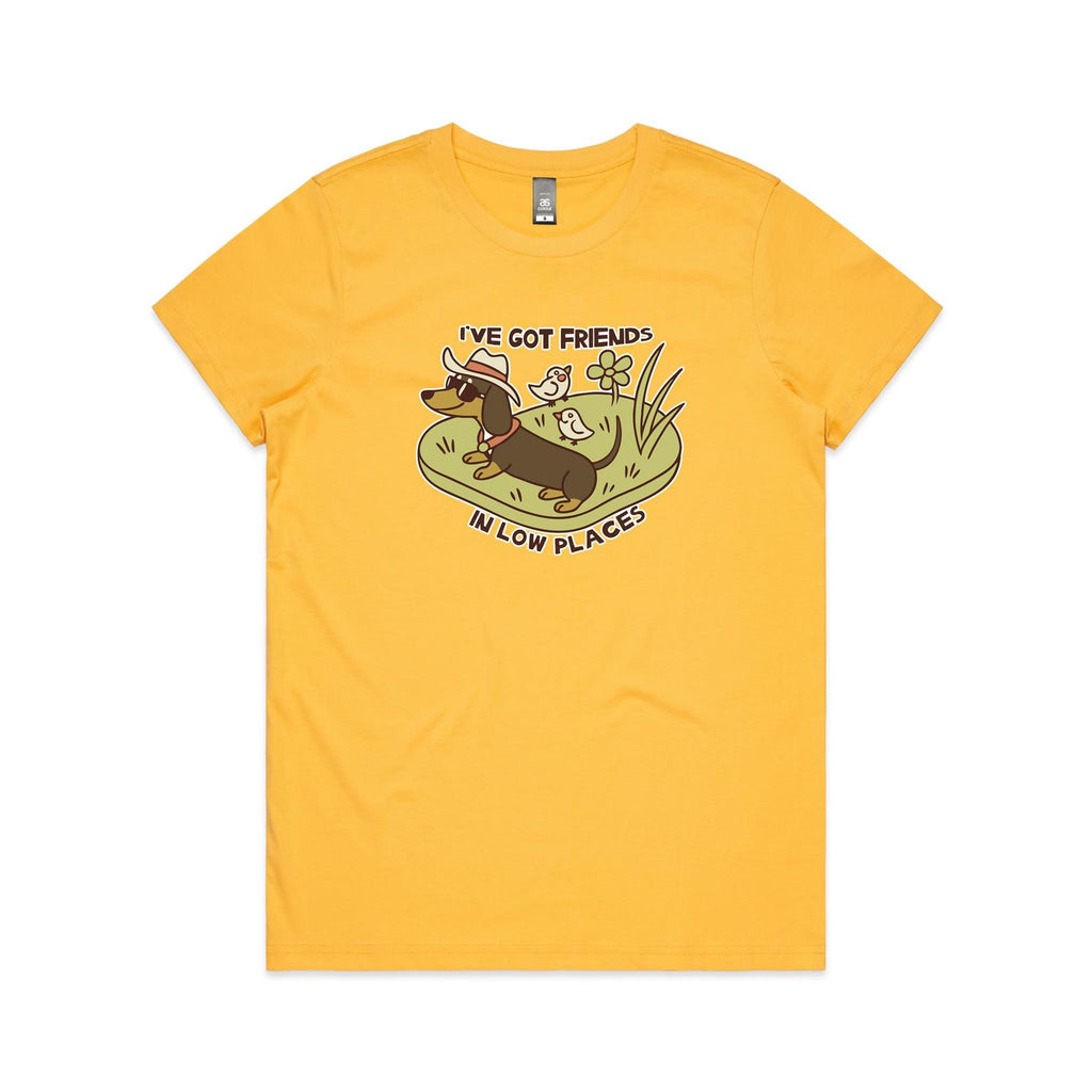 Dachshund, I've Got Friends In Low Places Women's AS Colour T-shirt Yellow Womens T-shirt animal Printed In Australia