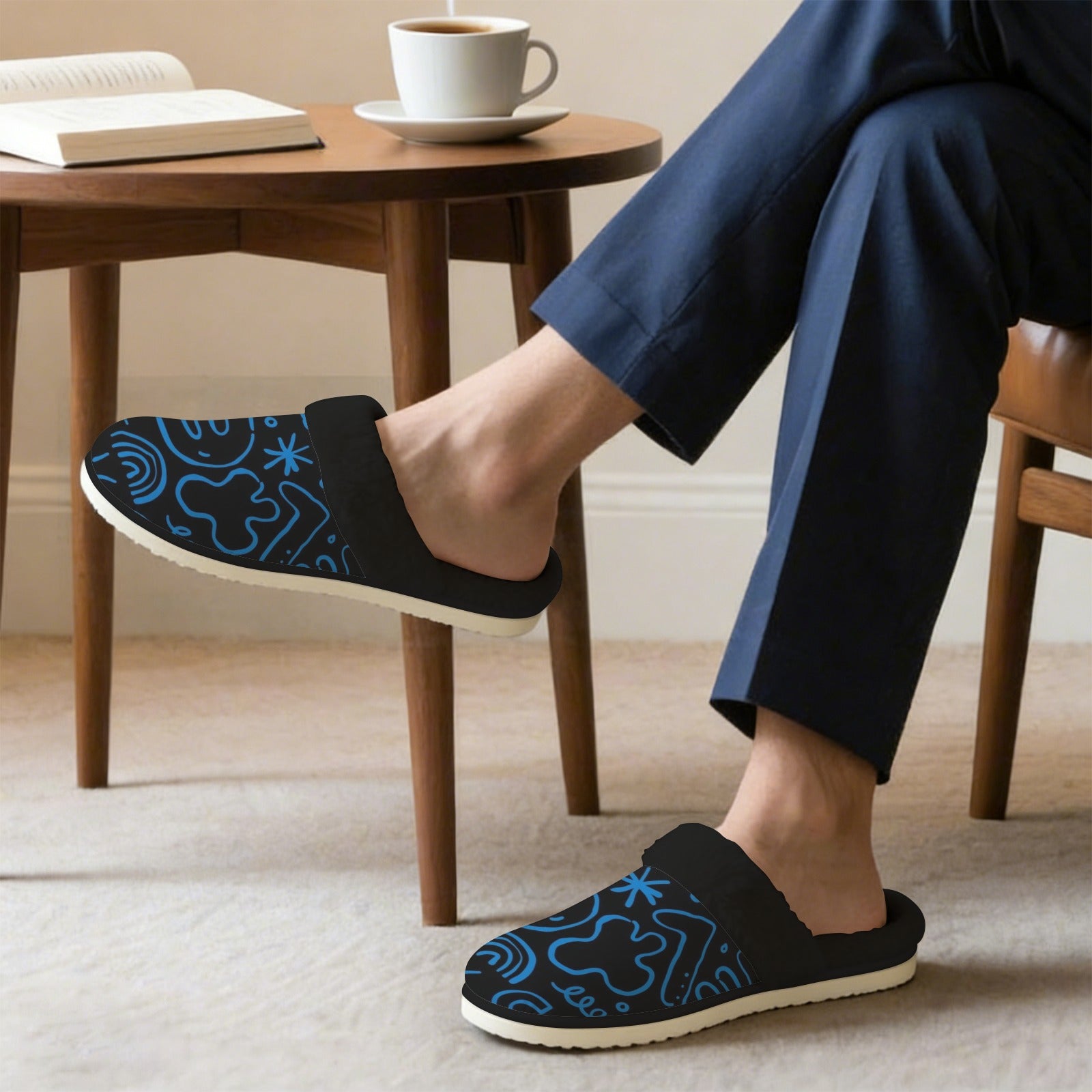 Blue Squiggle Men's Fur Trim Thick-Sole Indoor Slippers Men's Fur Trimmed Slippers Printed Offshore