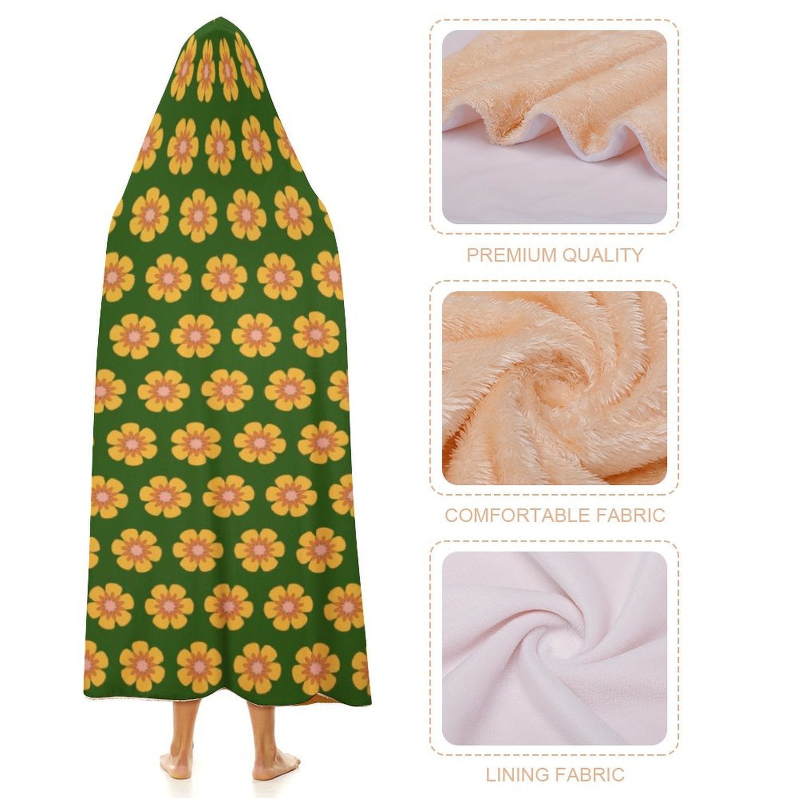Yellow Flowers On Green Kids Hooded Blanket 100cm x 130cm